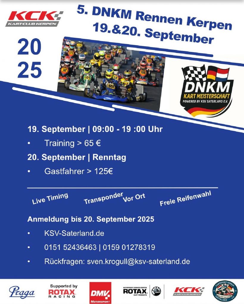 🏁 Nächstes Rennen in Kerpen! 🏁
Am Freitag, den 19.09.2025 starten wir mit einem freien Training – offen für alle Fahrer! 🚦
➡️ Teilnahme ganz einfach mit einer Tageslizenz.
➡️ Anmeldung vor Ort möglich – aber wegen der hohen Nachfrage besser jetzt schon sichern!

👉 Über unsere Homepage: www.ksv-saterland.de
👉 Oder per Mail: Sven.krogull@ksv-saterland.de

🔥 Sei dabei, wenn es auf der legendären Strecke in Kerpen rund geht! 🔥

#Kerpen #Kartsport #KSVSaterland #RacingCommunity #Motorsport